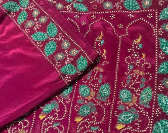 Wine Red Full Saree traditional Indian Recycled Silk Sari Wholesale lot Vintage Saree Silk Craft Used Nuno felting dressmaking Zardosi