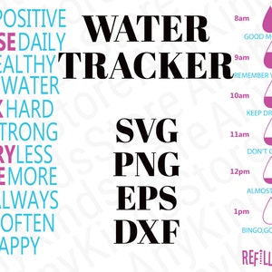 Op de afbeelding: Een roze en witte watertracker-kaart met een lijst met motiverende citaten aan de linkerkant. De kaart bevat een waterdruppelpictogram voor elk uur van de dag van 8:00 tot 19:00 uur. De kaart bevat ook een meetschaal in ounces van 2 tot 32. De tekst op de kaart is: "Good Morning", "Remember Your Goal", "Keep Drinking", "Don't Give Up", "Almost There", "Bingo, Good Job!" en "Refill Now".