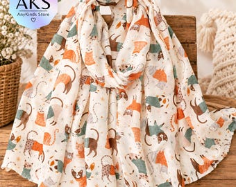 Beige Christmas Jumper Cat Scarf for Women Cat Lover Gift Lightweight Printed Scarf Cute Cat Wrap Shawl Animal Print Scarf Gift for Her