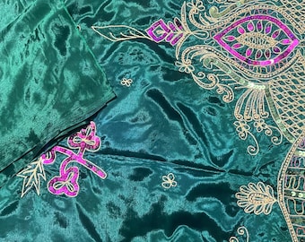 Vintage Rich Green with Full Saree traditional Indian Recycled Silk Sari with metal embroidery Saree Silk Dress Zardosi
