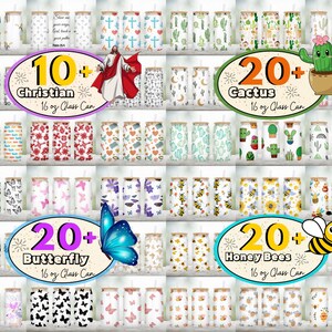 Peut inclure: Un collage de 10 designs diff&eacute;rents pour des gobelets en verre de 473 ml. Les motifs comprennent des th&egrave;mes chr&eacute;tiens, des cactus, des papillons et des abeilles. Chaque motif est r&eacute;p&eacute;t&eacute; sur plusieurs gobelets.