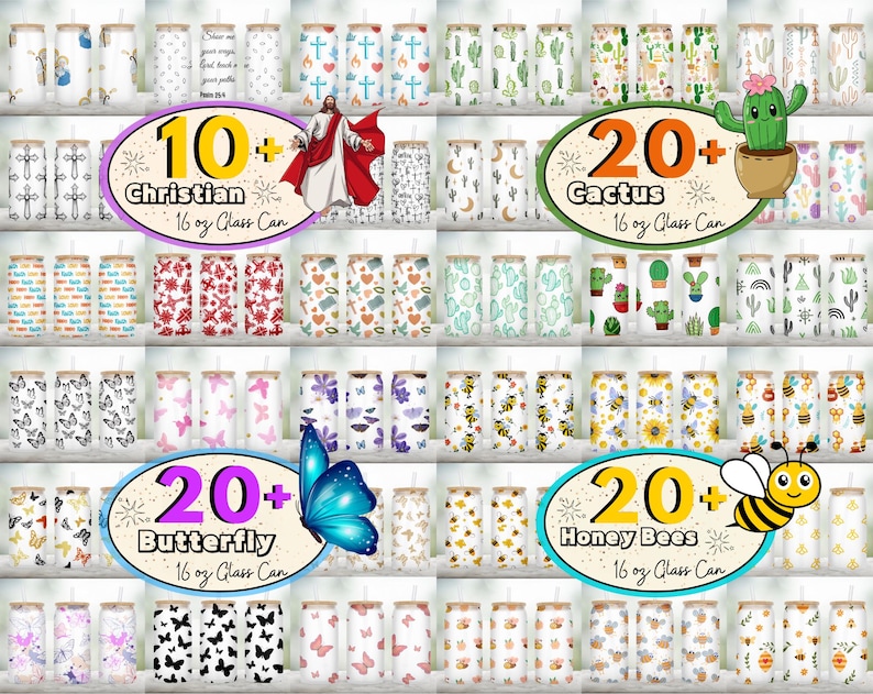 Peut inclure: Un collage de 10 designs diff&eacute;rents pour des gobelets en verre de 473 ml. Les motifs comprennent des th&egrave;mes chr&eacute;tiens, des cactus, des papillons et des abeilles. Chaque motif est r&eacute;p&eacute;t&eacute; sur plusieurs gobelets.