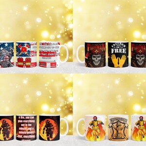 May include: Set of ten white ceramic mugs with various firefighter-themed designs. The mugs feature images of firefighters, fire hydrants, and text such as "Freedom Isn't Free" and "In a fire, you can plan everything out to the minute, and a minute before that, everything changes."