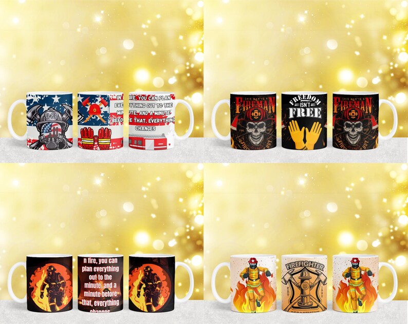 May include: Set of ten white ceramic mugs with various firefighter-themed designs. The mugs feature images of firefighters, fire hydrants, and text such as "Freedom Isn't Free" and "In a fire, you can plan everything out to the minute, and a minute before that, everything changes."