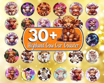 30+ Highland Cow Car Coaster Designs, Cow Car Coaster Bundle, Baby Highland Cow Car Coasters Sublimation, Car Coaster Wrap PNG, Highland Cow