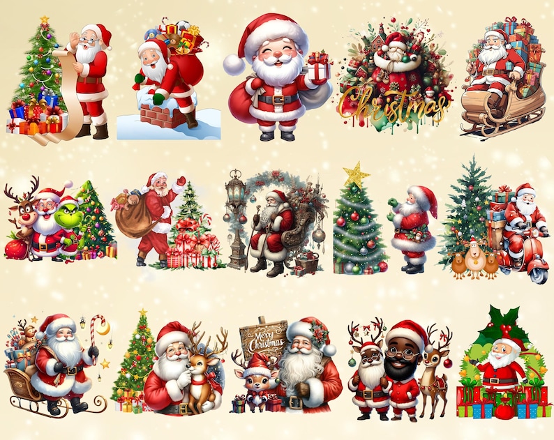 May include: A collection of Christmas-themed illustrations featuring Santa Claus, reindeer, and other holiday symbols. The illustrations are in a cartoon style and are perfect for use in holiday crafts, cards, and decorations.