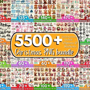 May include: A collection of Christmas-themed PNG clip art and stickers. The image features a variety of designs, including bows, winter scenes, Santa, gnomes, and dogs. The bundle includes over 5500 clip art images, each 1500x1500 inches.