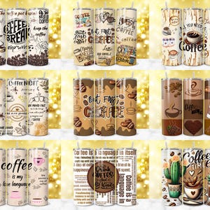 K&ouml;nnte beinhalten: Eine Sammlung isolierter Kaffeebecher mit verschiedenen Designs und Zitaten. Die Becher zeigen Kaffeebohnen, Kaffeetassen und S&auml;tze wie "Coffee Break" und "But First, Coffee". Farben sind Braun, Beige und Wei&szlig;, einige mit Blumen- und Kaktusdesigns.