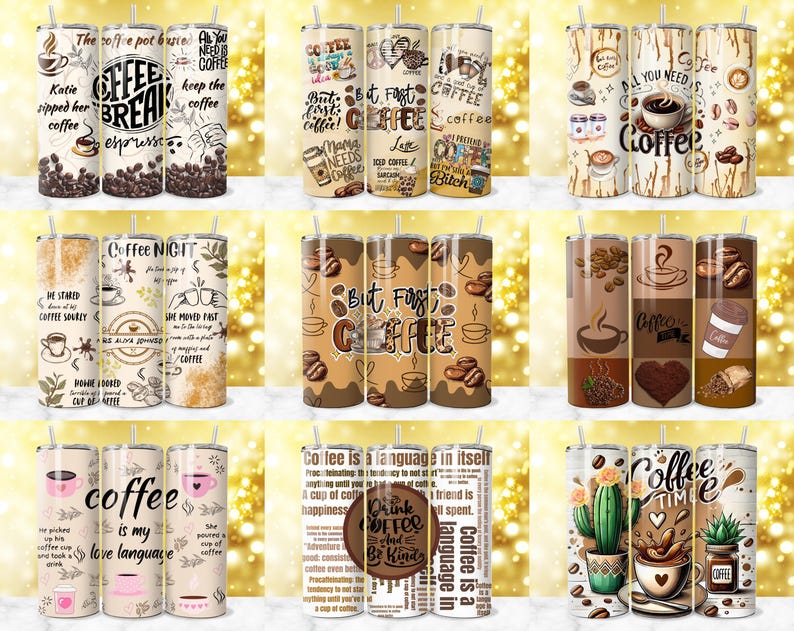 K&ouml;nnte beinhalten: Eine Sammlung isolierter Kaffeebecher mit verschiedenen Designs und Zitaten. Die Becher zeigen Kaffeebohnen, Kaffeetassen und S&auml;tze wie "Coffee Break" und "But First, Coffee". Farben sind Braun, Beige und Wei&szlig;, einige mit Blumen- und Kaktusdesigns.