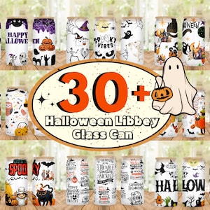 Peut inclure: Une collection de plus de 30 designs de canettes en verre sur le th&egrave;me d'Halloween. Les designs pr&eacute;sentent divers symboles d'Halloween, notamment des fant&ocirc;mes, des citrouilles, des chauves-souris, des araign&eacute;es et des sorci&egrave;res. Le texte "30+ Halloween Libbey Glass Can" est affich&eacute; au centre de l'image.