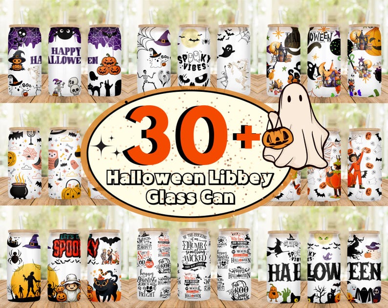 Peut inclure: Une collection de plus de 30 designs de canettes en verre sur le th&egrave;me d'Halloween. Les designs pr&eacute;sentent divers symboles d'Halloween, notamment des fant&ocirc;mes, des citrouilles, des chauves-souris, des araign&eacute;es et des sorci&egrave;res. Le texte "30+ Halloween Libbey Glass Can" est affich&eacute; au centre de l'image.
