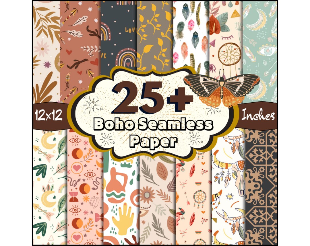 Patterned Craft Paper Boho 25+ Boho Seamless Digital Paper, Boho Floral Scrapbook, Flower Boho ...