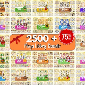 May include: A collage of various Libbey glass designs, featuring seasonal and themed patterns. The image includes text that reads "2500+ Mega Libbey Bundle" and "75% Off".
