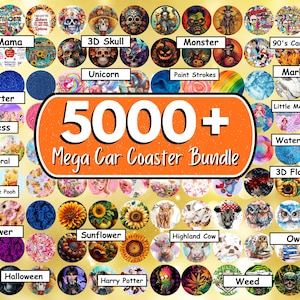 Könnte beinhalten: Eine Sammlung von Auto-Untersetzern mit verschiedenen Designs, darunter Blumen-, Schädel- und Cartoon-Motive. Das Bild zeigt ein großes orangefarbenes Banner mit dem Text "5000+ Mega Car Coaster Bundle."