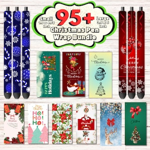May include: A bundle of 95+ Christmas-themed pen wraps in various designs. The wraps feature festive colors, patterns, and illustrations, including snowflakes, candy canes, and Christmas trees. The wraps are available in two sizes: 1.5 x 4.75 inches and 2.5 x 5 inches.