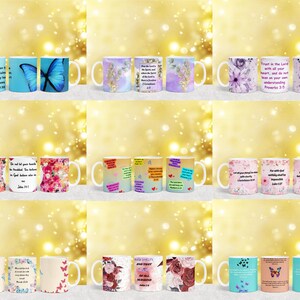 May include: Set of 12 white ceramic mugs with various floral and butterfly designs. Each mug features a different inspirational quote from the Bible. The mugs are perfect for adding a touch of faith and beauty to your home.