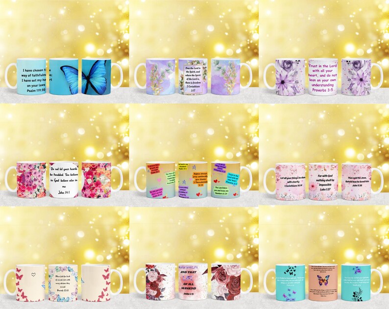 May include: Set of 12 white ceramic mugs with various floral and butterfly designs. Each mug features a different inspirational quote from the Bible. The mugs are perfect for adding a touch of faith and beauty to your home.