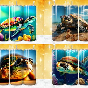 May include: Set of three stainless steel tumblers with a colorful sea turtle design. The tumblers feature different sea turtle designs, including a colorful turtle with a blue background, a brown turtle on a sandy beach, and a green turtle swimming in the ocean.