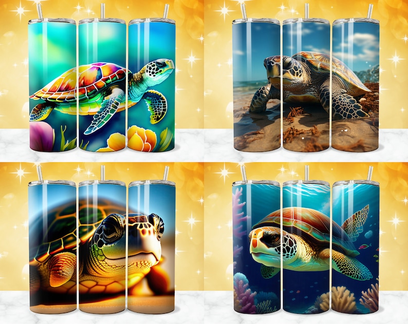 May include: Set of three stainless steel tumblers with a colorful sea turtle design. The tumblers feature different sea turtle designs, including a colorful turtle with a blue background, a brown turtle on a sandy beach, and a green turtle swimming in the ocean.