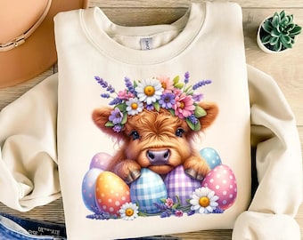 Cute Highland Cow Easter Png, Easter Egg Png, Floral Highland Cow Png, Easter Tshirt Png, Easter Cow Png, Trendy Easter Png, Easter Design