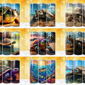 May include: Set of nine stainless steel tumblers with various turtle designs. The tumblers feature images of sea turtles, land turtles, and turtles in their natural habitats. The designs include a green sea turtle, a brown land turtle, a sea turtle swimming in the ocean, a turtle on a beach, and a turtle in a pond.