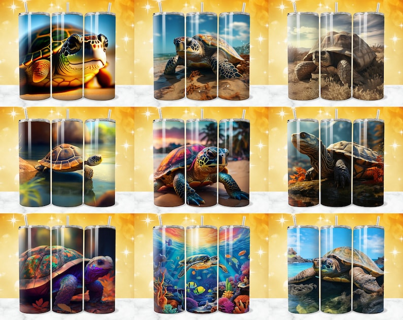 May include: Set of nine stainless steel tumblers with various turtle designs. The tumblers feature images of sea turtles, land turtles, and turtles in their natural habitats. The designs include a green sea turtle, a brown land turtle, a sea turtle swimming in the ocean, a turtle on a beach, and a turtle in a pond.