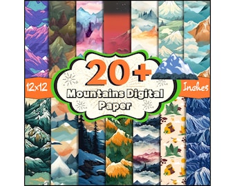 Paquete de más de 20 papeles digitales de montañas, imágenes prediseñadas de montañas, patrón sin costuras de montañas, fondo de paisaje, álbum de recortes con borde de montaña, imprimible