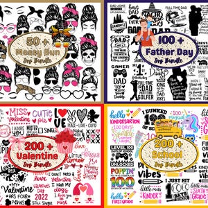 May include: A collage of four images featuring different SVG bundles for various occasions. The top left image shows a collection of 50+ messy bun SVG designs. The top right image features 100+ Father's Day SVG designs. The bottom left image showcases 200+ Valentine's Day SVG designs. The bottom right image displays 200+ school-themed SVG designs.