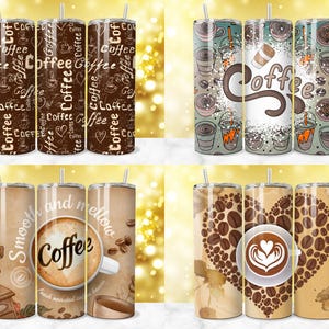 May include: Set of six stainless steel tumblers with various coffee-themed designs. The designs include coffee beans, coffee cups, and the word "Coffee" in different styles.