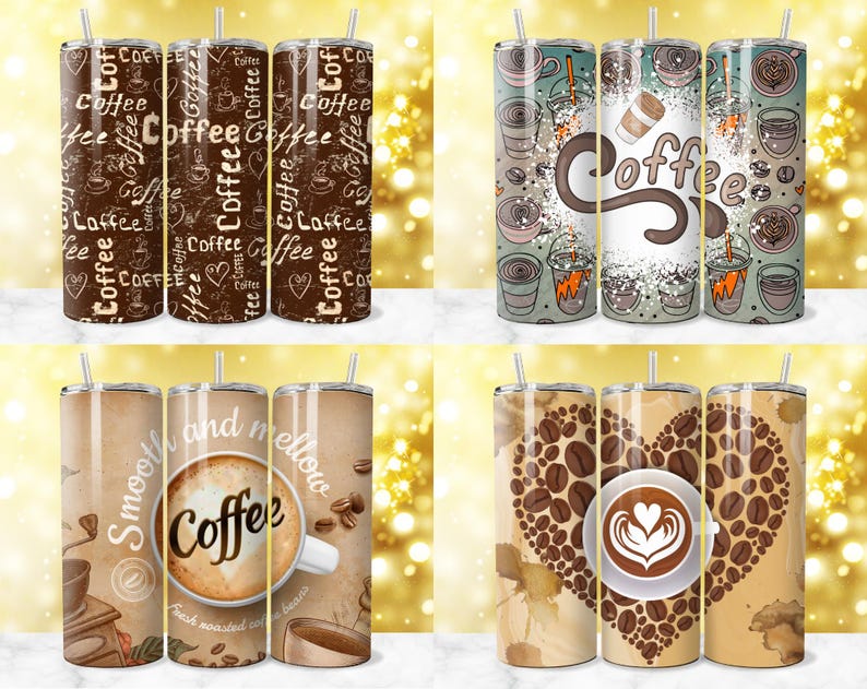 May include: Set of six stainless steel tumblers with various coffee-themed designs. The designs include coffee beans, coffee cups, and the word "Coffee" in different styles.