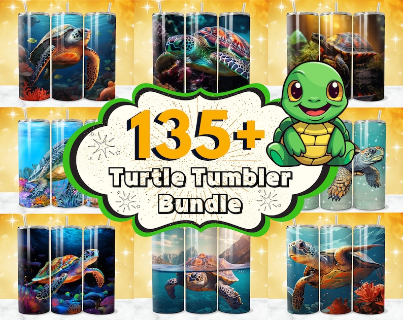 May include: A set of 135+ colorful stainless steel tumblers with various turtle designs. The tumblers feature different turtle species, including sea turtles, land turtles, and cartoon turtles. The tumblers are perfect for everyday use and make a great gift for turtle lovers.