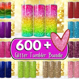 Könnte beinhalten: Eine Auswahl an Glitzer-Tumblern in verschiedenen Farben, darunter Rot, Blau, Pink, Lila, Grün und Gold. Das Bild zeigt ein herzförmiges Design und den Text "600+ Glitter Tumbler Bundle".