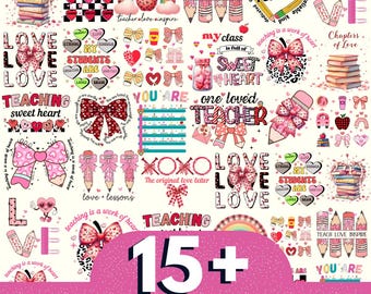 May include: A digital collage of Valentine's Day themed graphics for teachers. The graphics feature hearts, bows, pencils, books, and text such as "Love", "Teaching", "Sweet Heart", and "My Students Are Loved".
