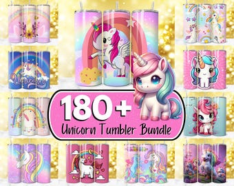 May include: A collection of 180+ unicorn tumbler designs. The tumblers feature various colorful unicorn illustrations with rainbows, stars, and hearts. The text "180+ Unicorn Tumbler Bundle" is displayed in pink letters.