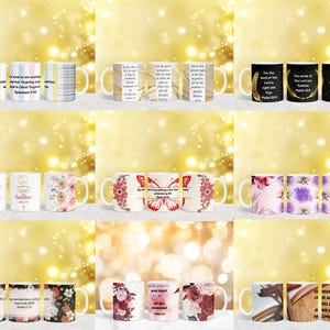 May include: Set of 10 white ceramic mugs with various designs and bible verses. The mugs feature floral patterns, butterflies, and scripture quotes.