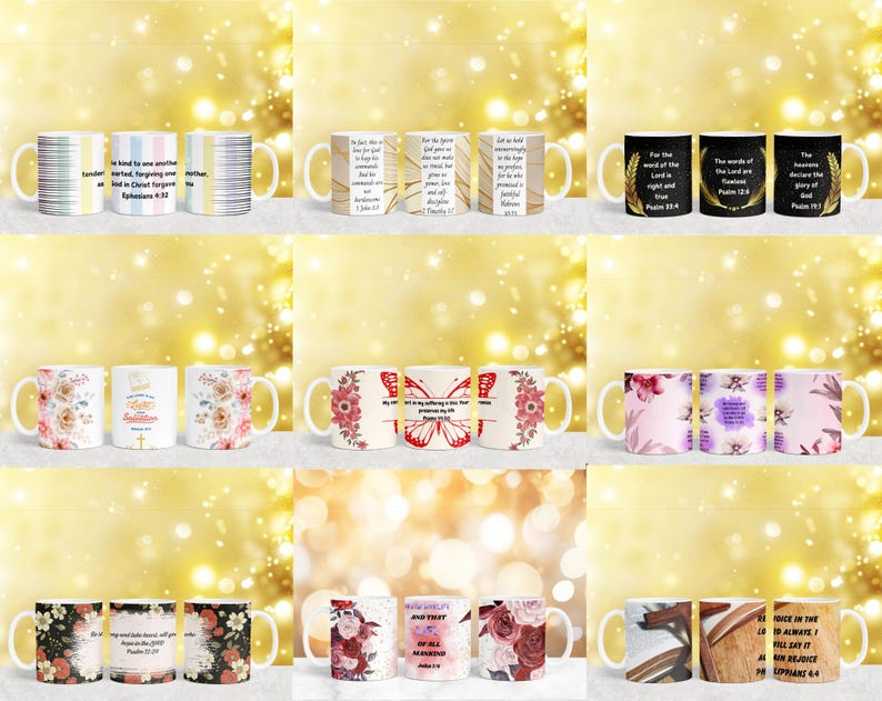 May include: Set of 10 white ceramic mugs with various designs and bible verses. The mugs feature floral patterns, butterflies, and scripture quotes.