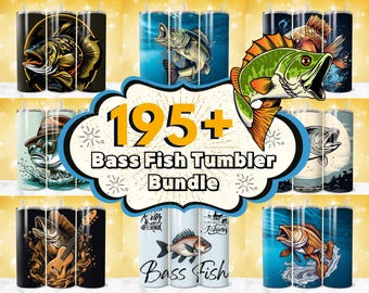 195 + Bass Fish Tumbler Wrap, Tumbler da pesca da 20 once, Disegni a sublimazione di pesce basso, Disegno di Tumbler da pescatore, Pacchetto di disegni di pesce, PNG da pesca