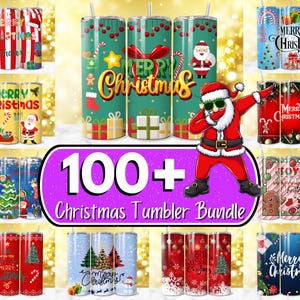 May include: A collection of 100+ Christmas themed tumbler designs. The tumblers feature various Christmas designs, including Santa Claus, reindeer, snowmen, and Christmas trees. The tumblers are all in different colors and patterns. The text "100+ Christmas Tumbler Bundle" is displayed in the center of the image.