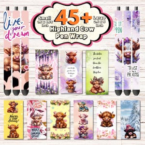May include: 45+ Highland Cow pen wraps in a variety of designs. The designs feature cows, flowers, and inspirational quotes. The pen wraps are available in two sizes: 1.5 x 4.75 inches and 2.5 x 5 inches.