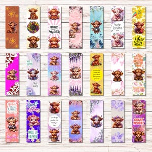 May include: Set of 20 colourful bookmarks featuring Highland cows with inspirational quotes. The bookmarks are printed on cardstock and have a glossy finish.