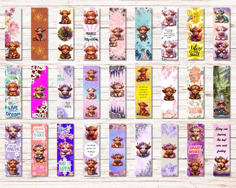 May include: Set of 20 colourful bookmarks featuring Highland cows with inspirational quotes. The bookmarks are printed on cardstock and have a glossy finish.