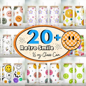 May include: 20+ Retro Smile 16 oz Glass Can designs featuring various smiley faces, flowers, and geometric patterns in bright colors.