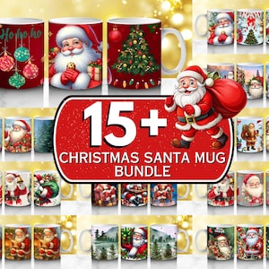 Może przedstawiać: Kolekcja kubków o tematyce świątecznej z Mikołajem, choinkami i świątecznymi ozdobami. Kubki mają różne wzory, w tym napis "Ho ho ho" i zimowe sceny. Obraz zawiera również tekst "15+ Christmas Santa Mug Bundle".