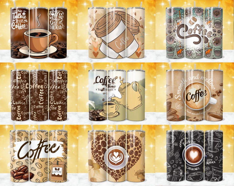 May include: Set of 12 coffee themed tumbler designs. The tumblers feature various coffee-related illustrations, including coffee beans, cups of coffee, and text related to coffee. The designs are in a variety of colors, including brown, black, white, and beige.