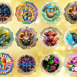 May include: A collection of colorful, decorative, scalloped-edge designs featuring various illustrations. Designs include a dragonfly, peace sign, sloth, gnome, fish, cow, hummingbird, rainbow fist, and a unicorn wearing sunglasses.