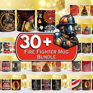 May include: A collection of 30+ colourful ceramic coffee mugs featuring firefighter-themed designs. The mugs feature various illustrations of firefighters, fire engines, and fire hydrants. The text on the mugs includes phrases like "Firefighter", "Freedom Isn't Free", and "There Are No Words To Describe What A Firefighter Does".
