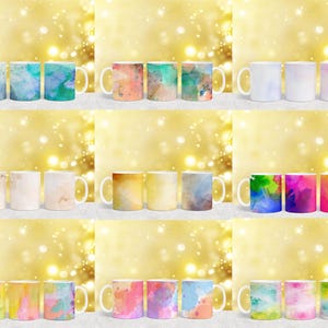 Puede incluir: Conjunto de 18 tazas de cer&aacute;mica blanca con dise&ntilde;os de acuarela. Los dise&ntilde;os presentan patrones abstractos en varios colores, incluidos el azul, el verde, el amarillo, el rosa y el naranja. Las tazas est&aacute;n dispuestas en tres filas de seis, con cada fila presentando un esquema de color diferente.