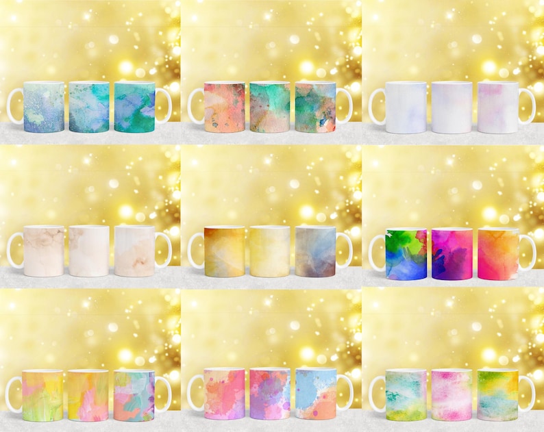 Puede incluir: Conjunto de 18 tazas de cer&aacute;mica blanca con dise&ntilde;os de acuarela. Los dise&ntilde;os presentan patrones abstractos en varios colores, incluidos el azul, el verde, el amarillo, el rosa y el naranja. Las tazas est&aacute;n dispuestas en tres filas de seis, con cada fila presentando un esquema de color diferente.