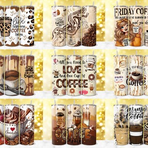 K&ouml;nnte beinhalten: Eine Sammlung von Kaffee-Tumblern mit verschiedenen Designs. Einige Tumbler zeigen Kaffeebohnen, w&auml;hrend andere Texte wie "life happens coffee helps" und "Friday Coffee" haben. Die Farbpalette umfasst Braun-, Beige- und Wei&szlig;t&ouml;ne.