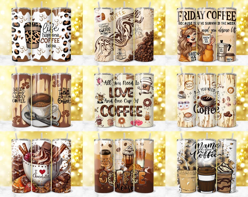 K&ouml;nnte beinhalten: Eine Sammlung von Kaffee-Tumblern mit verschiedenen Designs. Einige Tumbler zeigen Kaffeebohnen, w&auml;hrend andere Texte wie "life happens coffee helps" und "Friday Coffee" haben. Die Farbpalette umfasst Braun-, Beige- und Wei&szlig;t&ouml;ne.